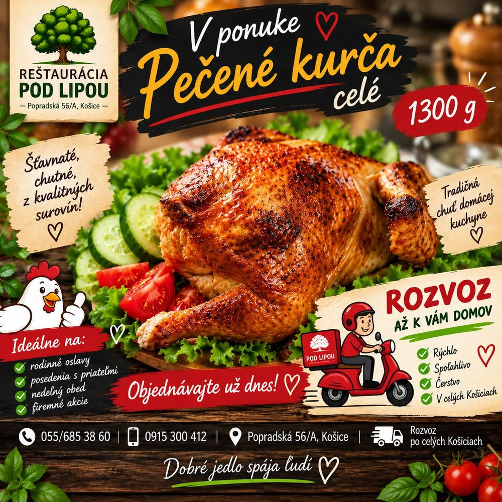 Ponuka: pečené kurča celé 1300 g s rozvozom po Košiciach